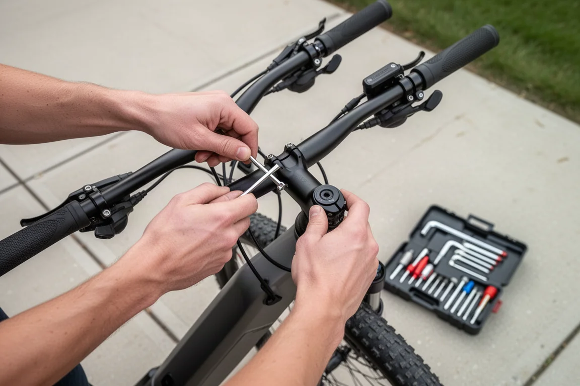 Rider checking a loosened handlebar stem with tools on a driveway