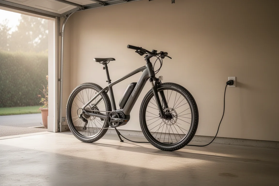 E-bike plugged into a charger in a tidy garage setting
