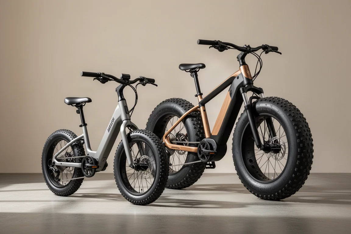Two budget electric bikes side by side on a concrete surface