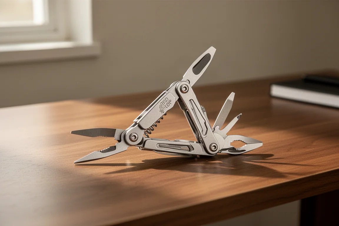 Compact multi-tool with scissors open on a wooden desk