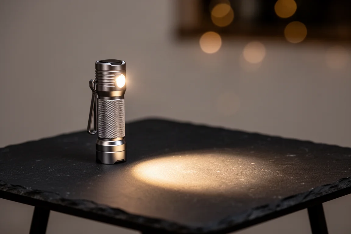Small aluminium flashlight casting a warm beam on a dark table at night