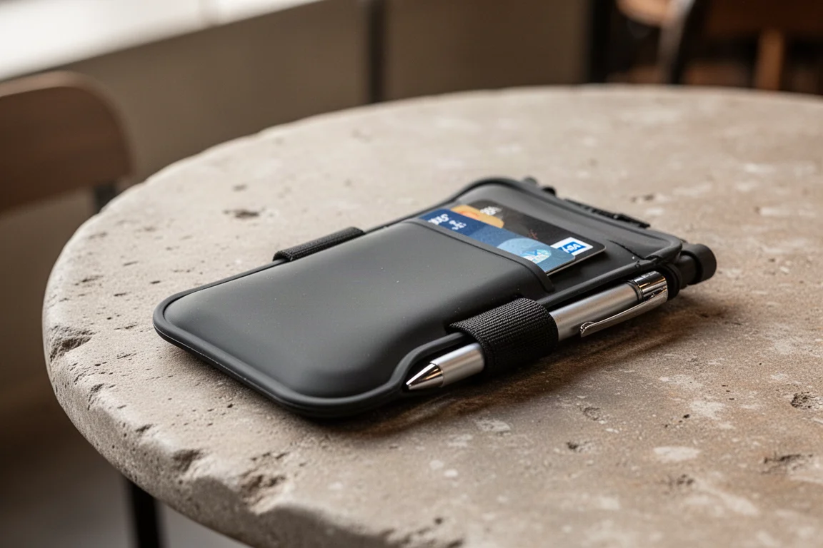 Waterproof minimal wallet with cards and a pen tucked into the back loop