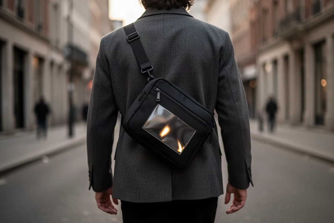Crossbody sling bag worn on the shoulder during an urban walk