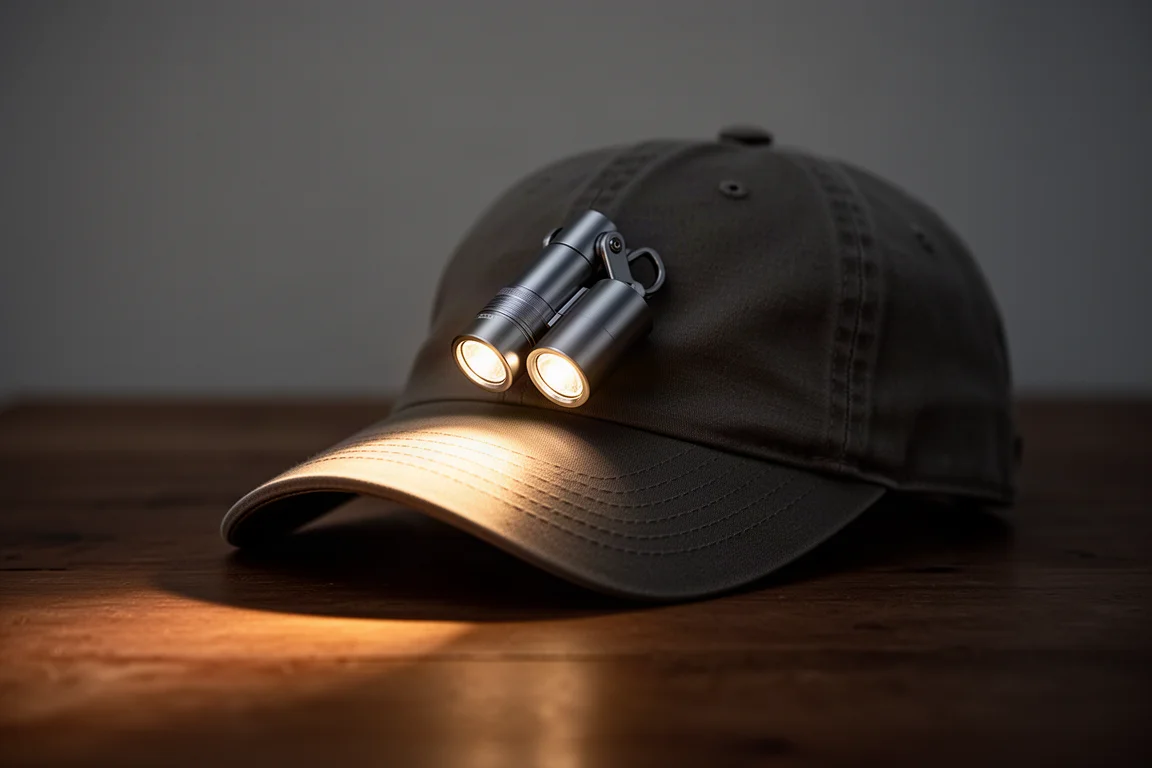 Linterna compacta de aluminio sujeta al ala de una gorra proyectando un haz al atardecer
