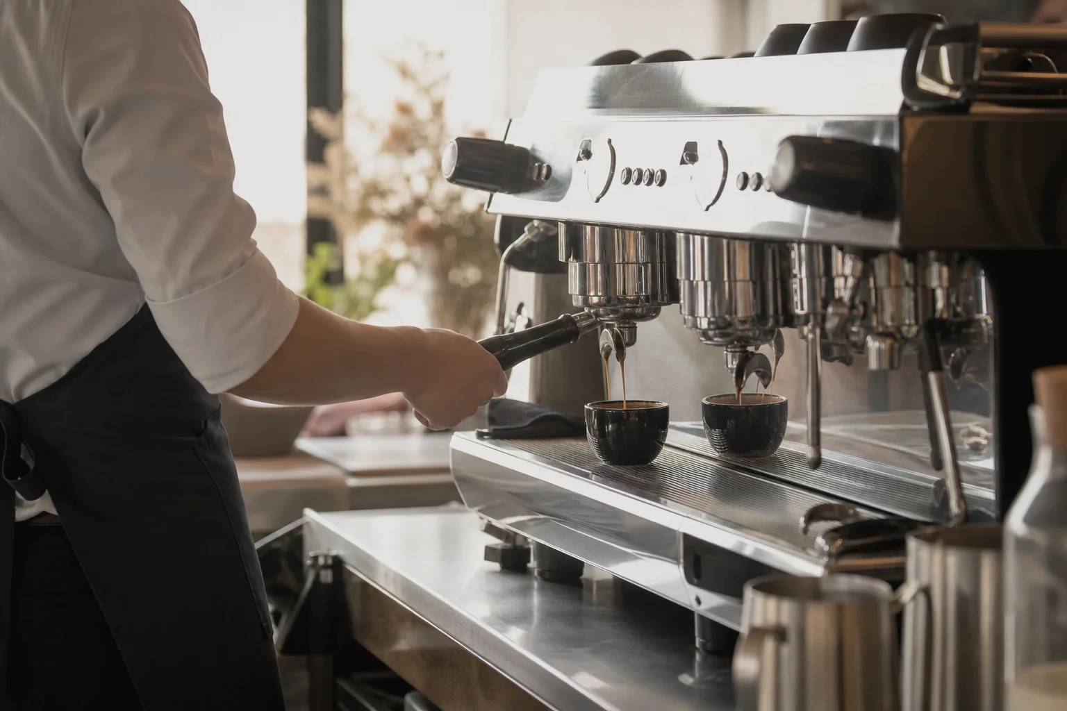 Barista pulling espresso shots on a commercial machine during service