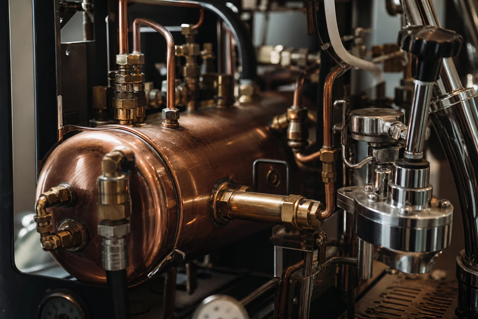 Close-up of espresso machine boiler and internal metal components