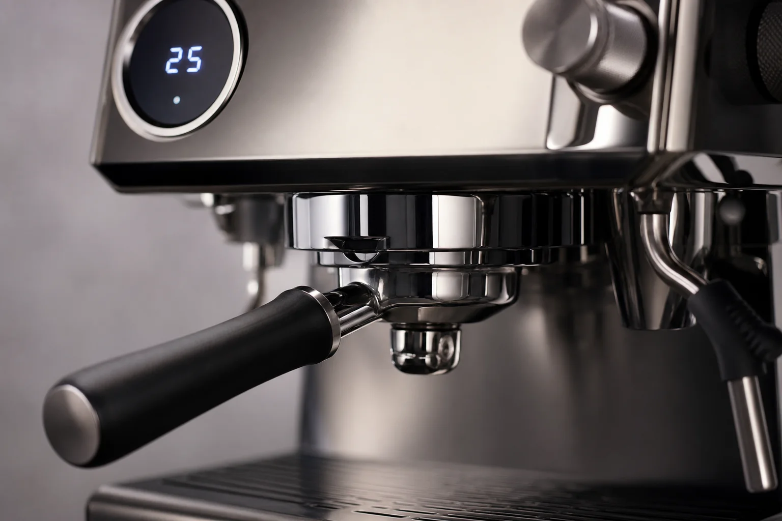 Espresso machine group head with portafilter and shot timer display