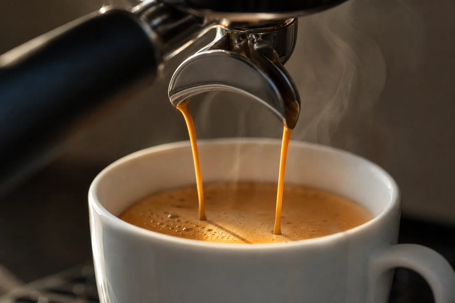 Close-up of espresso extraction showing crema layer in white cup