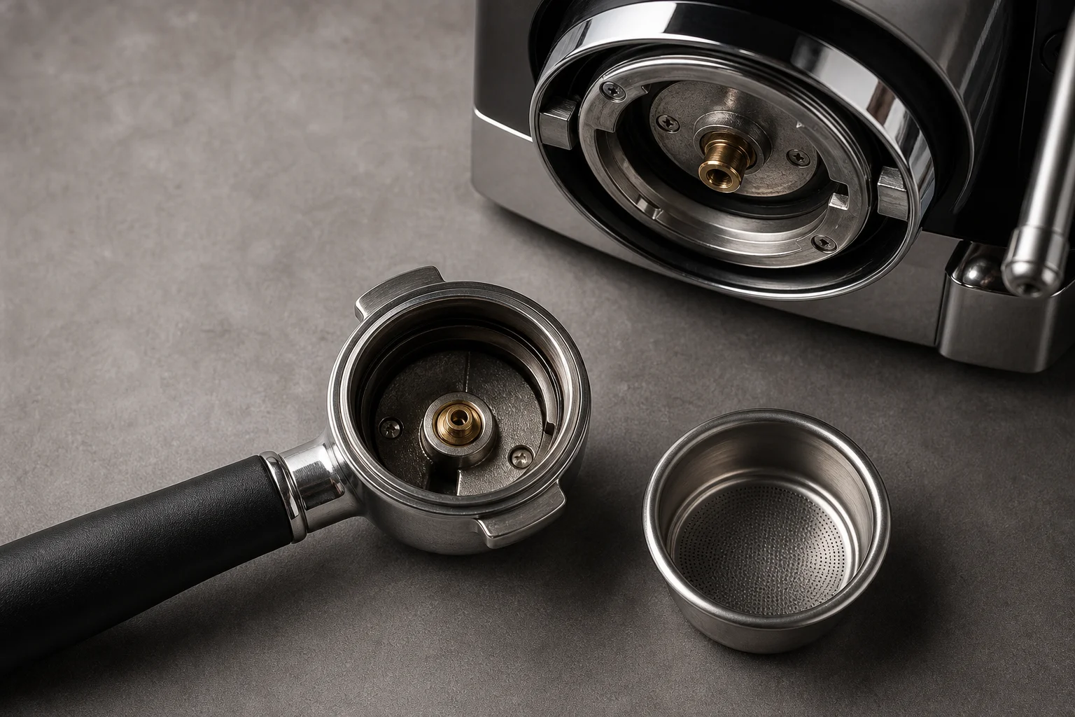 Espresso machine portafilter and basket assembly on work surface