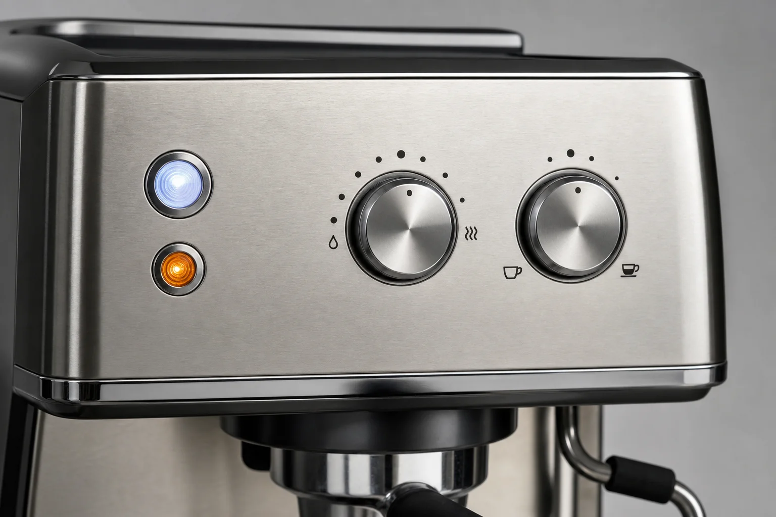 Espresso machine control panel with power and heating lights