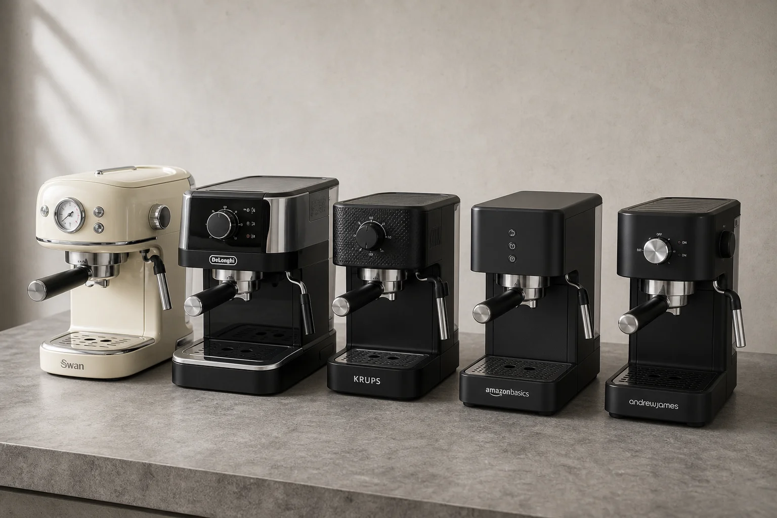 Five budget espresso machines arranged in a row on concrete surface