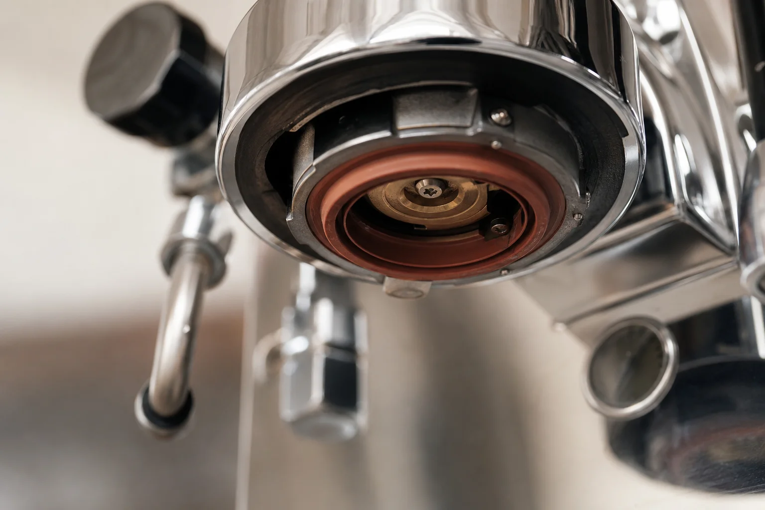 Espresso machine group head and portafilter during cleaning and inspection