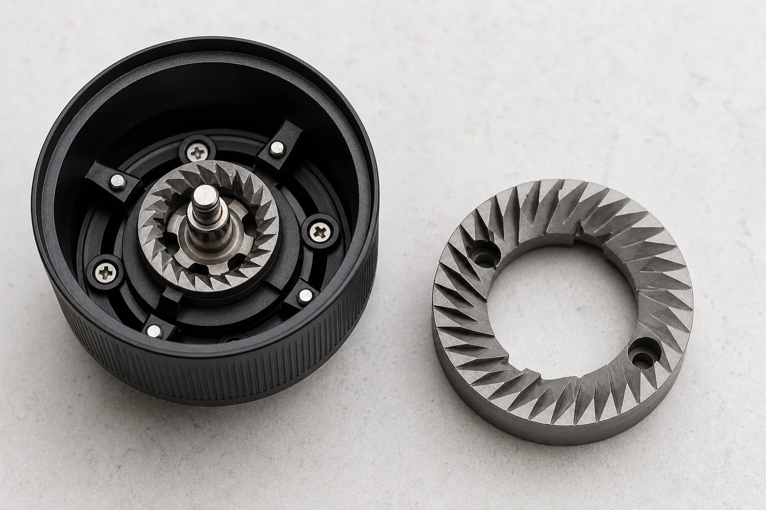Espresso grinder burr set being cleaned and inspected