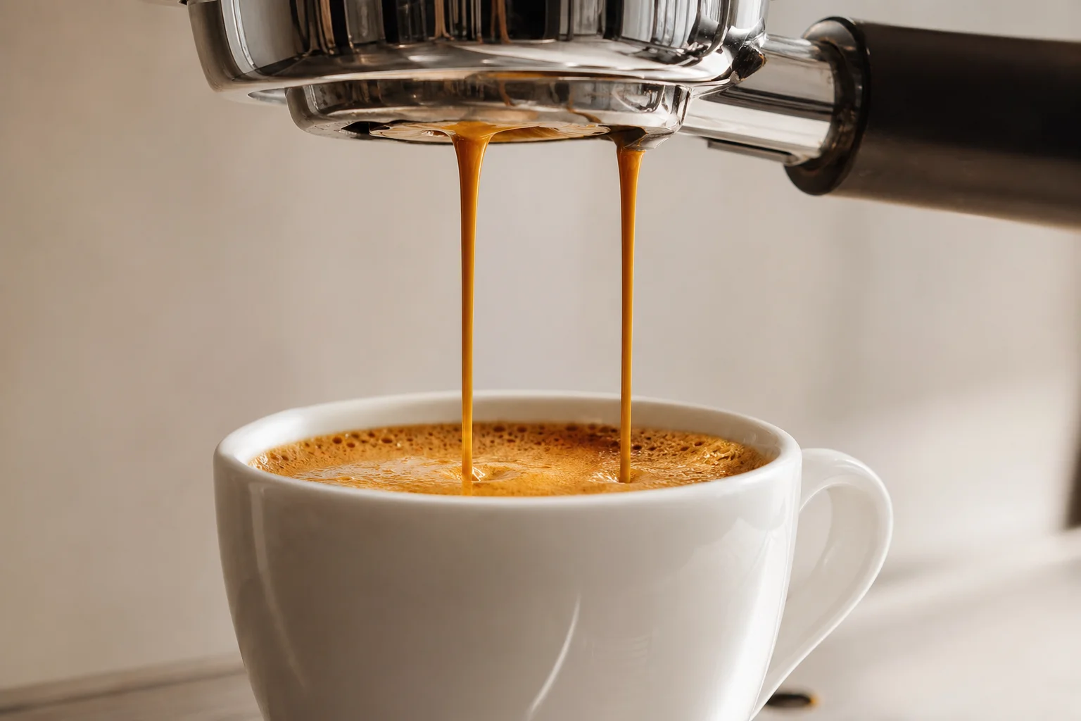 Espresso shot being pulled into a cup with crema visible
