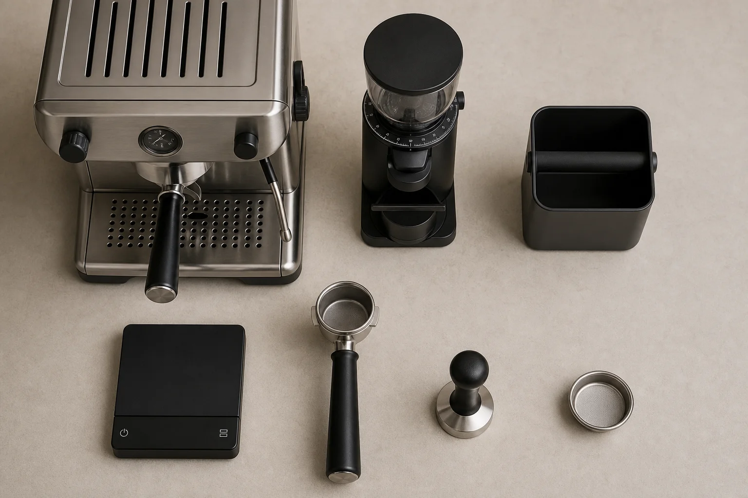 Complete budget espresso setup with all accessories arranged on a work surface