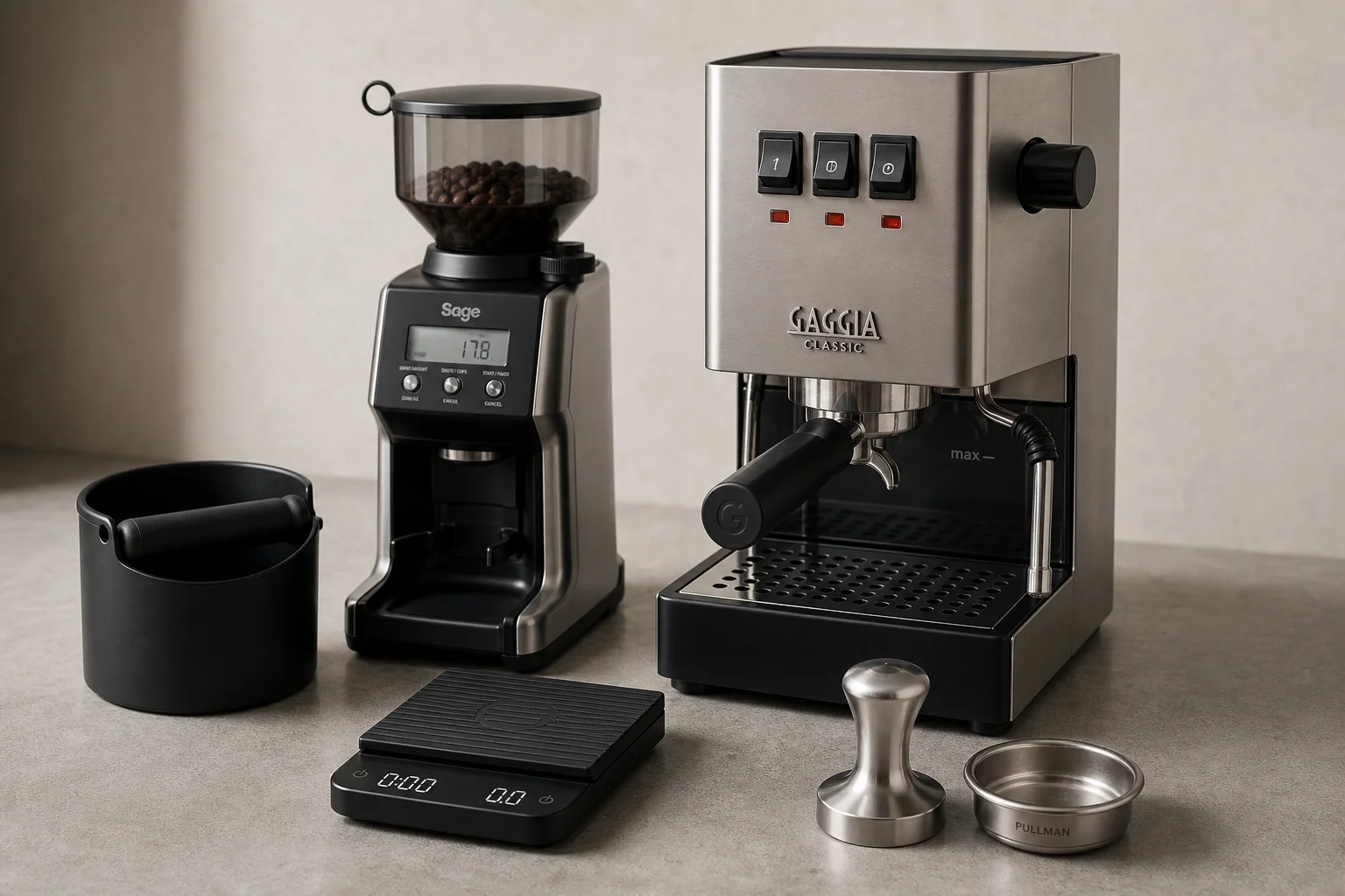 Complete budget espresso setup with Gaggia Classic, grinder, scales, and accessories on concrete surface