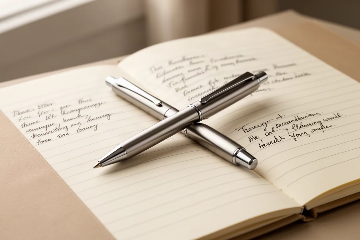 Edelstahl-Taschenfederhalter auf einem linierten Notizblock mit handschriftlichen Notizen
