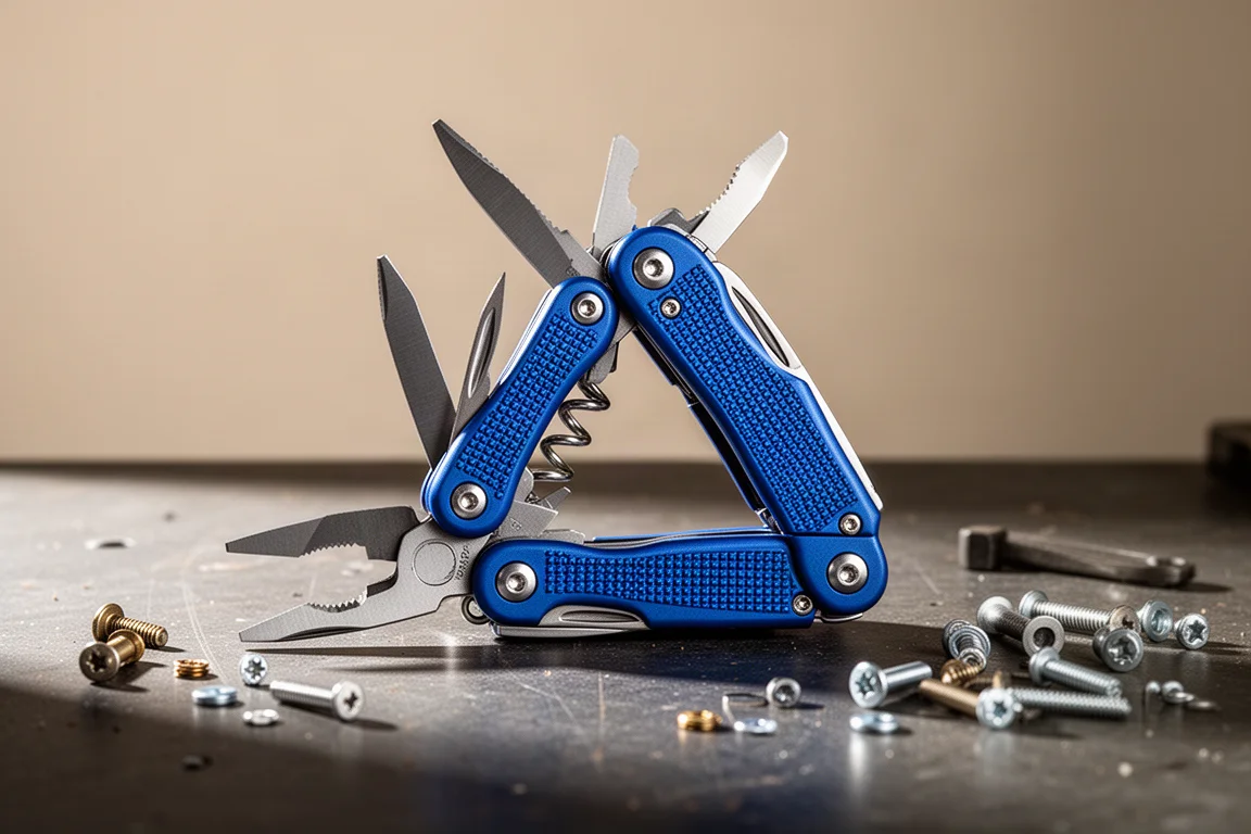 Klappbares Multitool halb geöffnet auf einer Werkbank mit ausgefahrenen Zangen