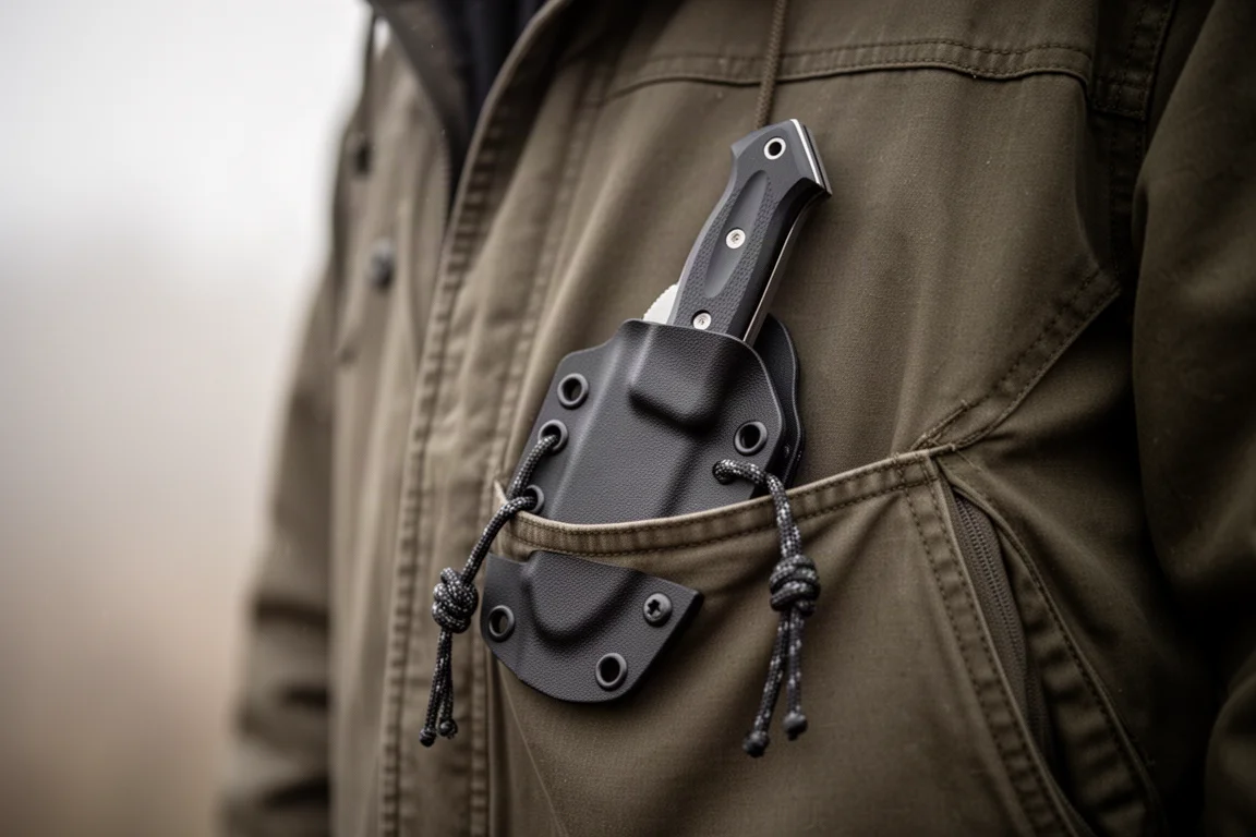 Kleines Festklingennmesser in der Tasche etuiert mit statischem Tragekordel