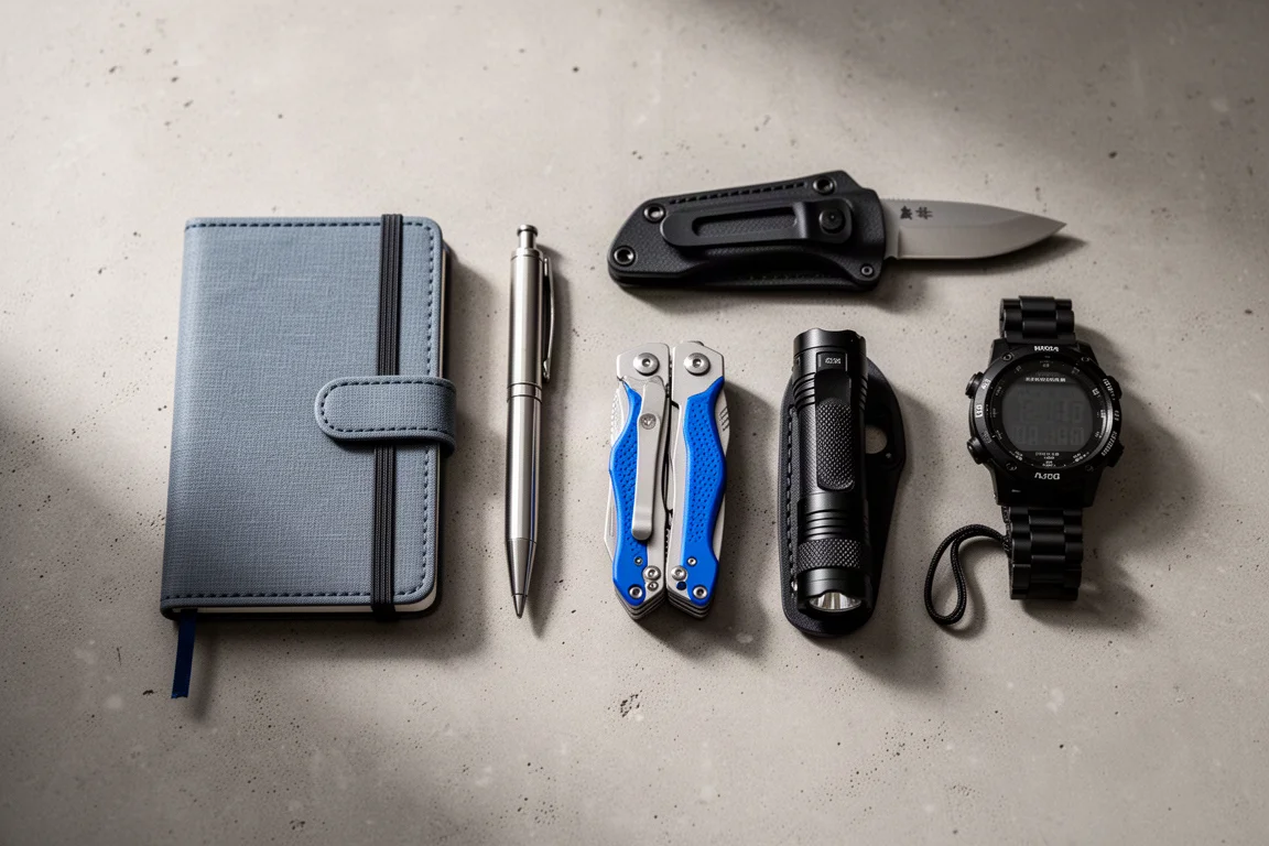 Flat-lay of budget everyday carry items including notebook wallet, pen, multi-tool, knife, flashlight, and watch