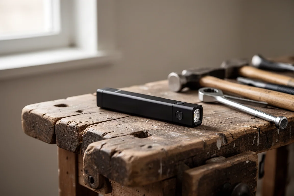 Slim black flat flashlight resting on a workbench in soft window light