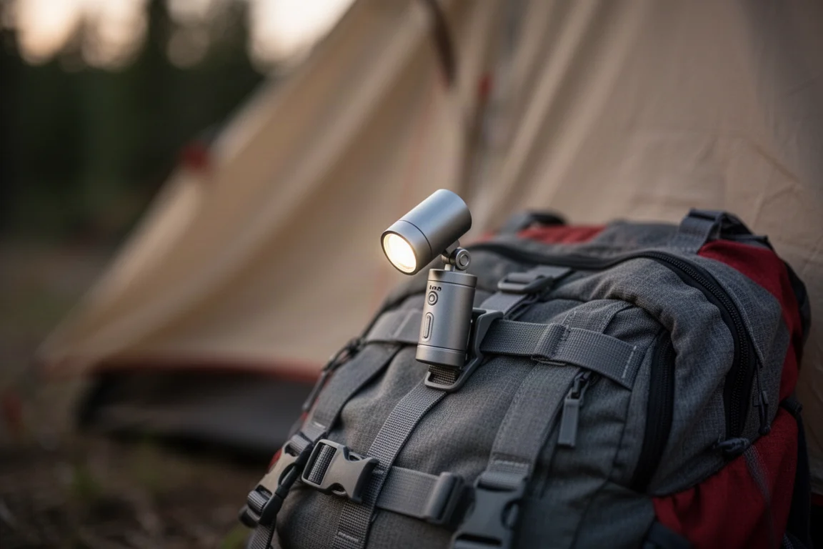 Small clip light attached to a backpack strap outdoors