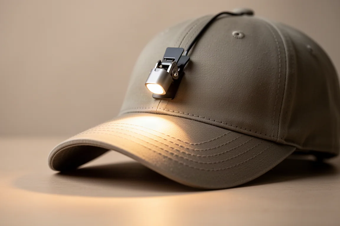 Clip light used as a makeshift headlamp on a baseball cap