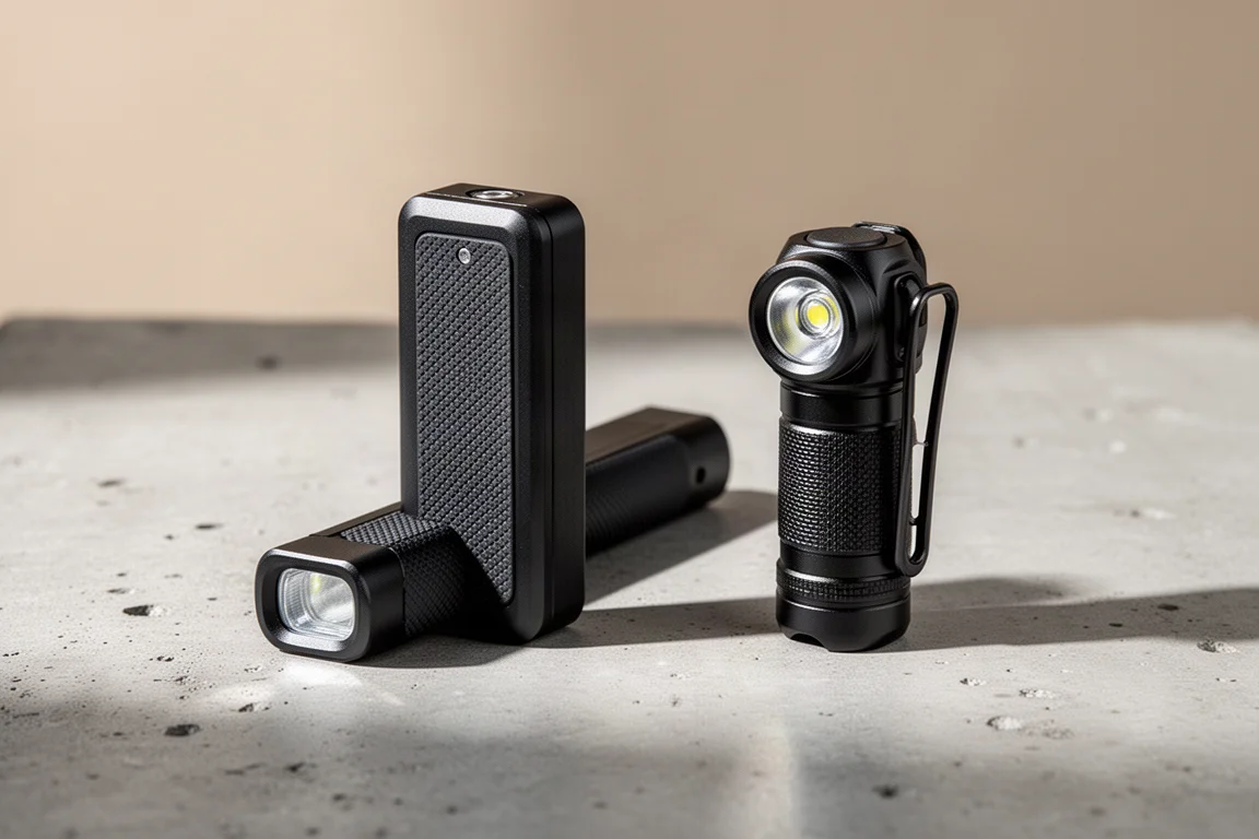 A slim flat flashlight and a small clip light on a concrete surface