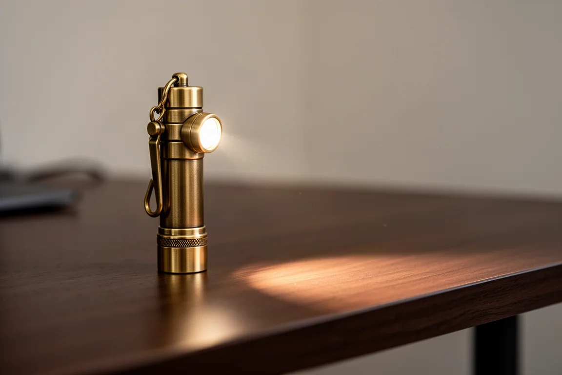 Petite lampe de poche projetant un faisceau chaud sur un bureau sombre