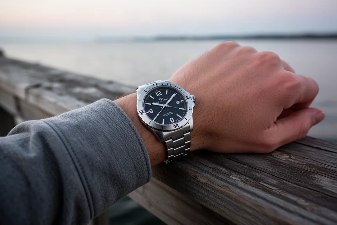 Montre de plongée simple au poignet, posée près d'une rambarde au bord de l'eau