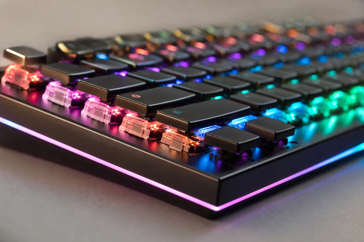 Primo piano di una tastiera da gaming con effetti di illuminazione RGB attivi