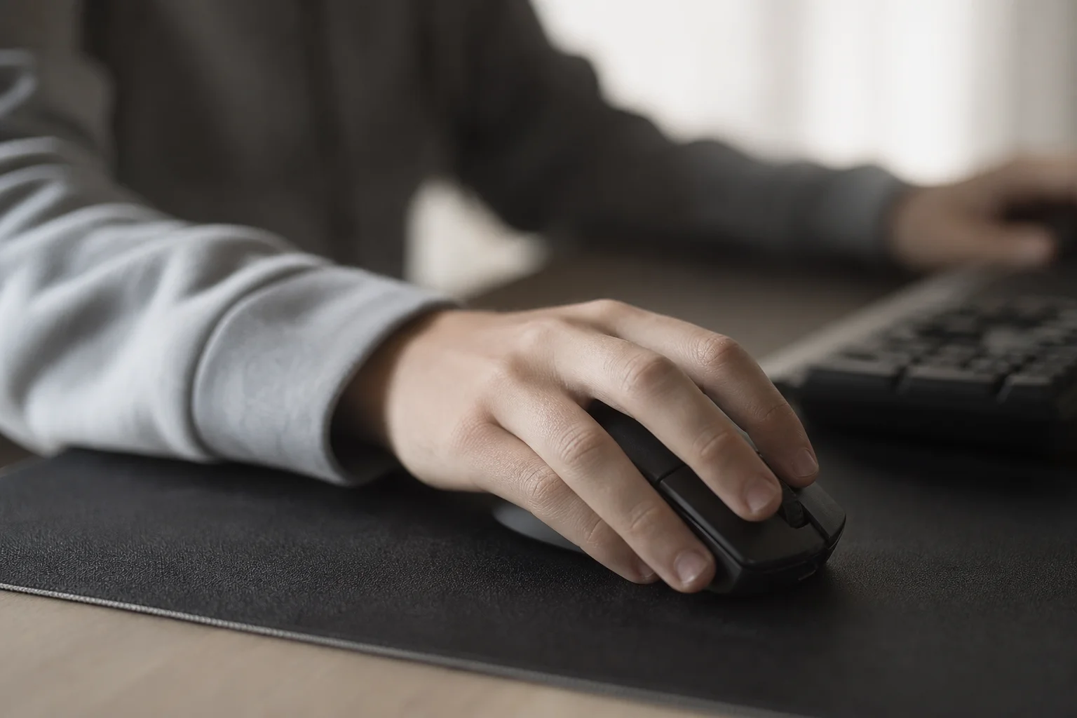 La mano di un gamer che impugna un mouse da gaming sopra un tappetino durante una sessione