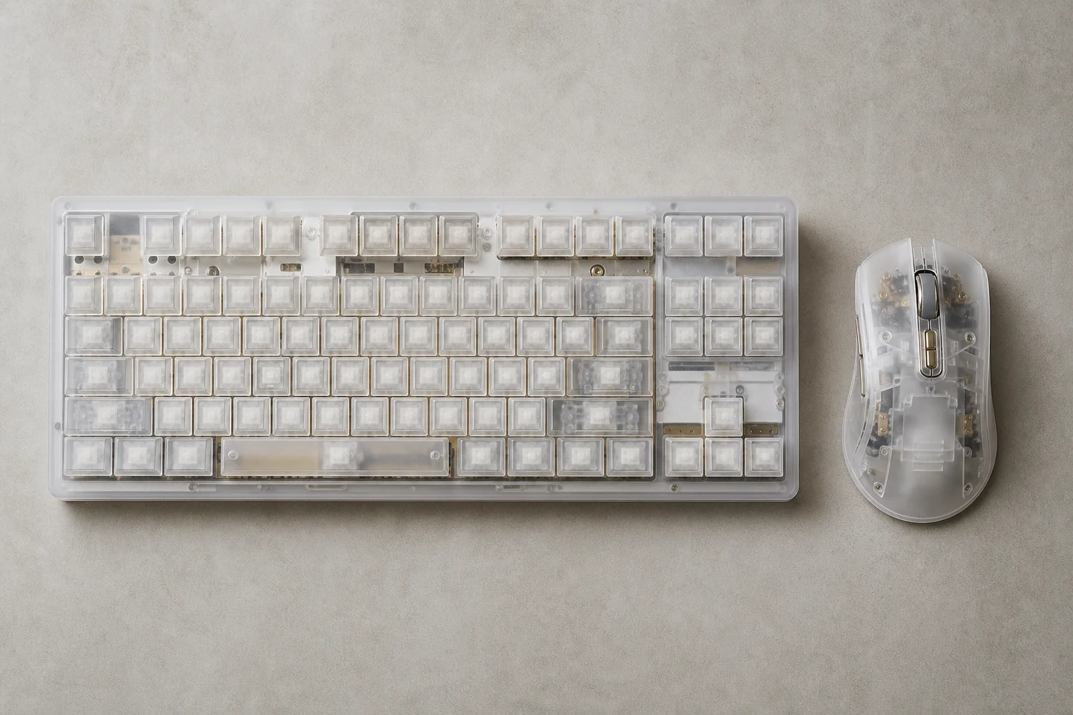 Tastiera e mouse da gaming bianchi traslucidi che mostrano i componenti interni