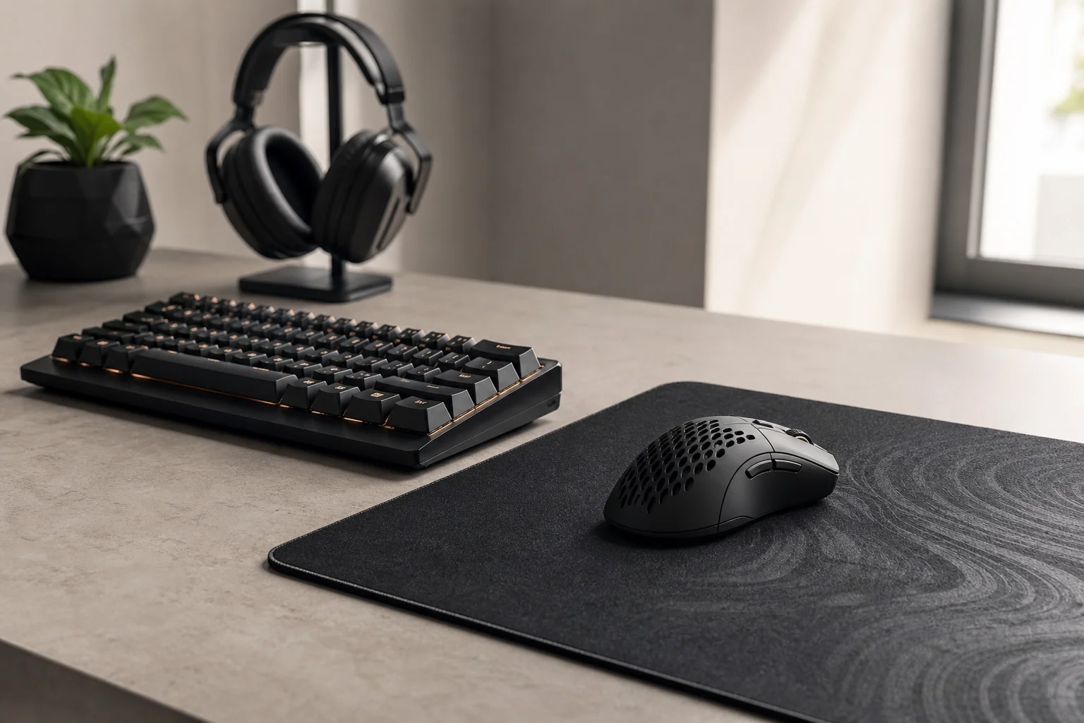 Postazione da gaming completa con tastiera, mouse e tappetino sulla scrivania