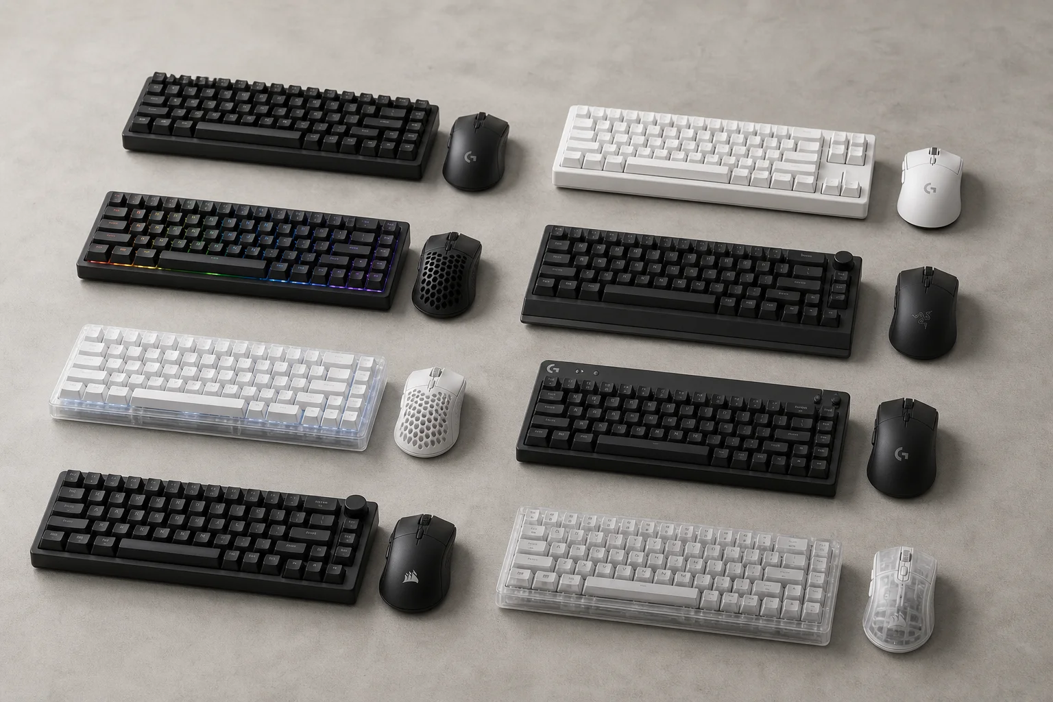 Acht Gaming-Tastatur-Maus-Sets auf einer Betonoberfläche mit verschiedenen Designs und Farben