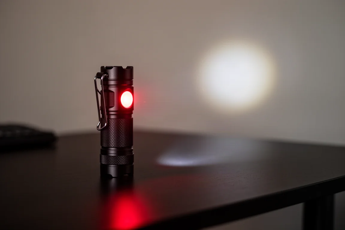 Linterna de aluminio acoplable proyectando una luz roja de advertencia sobre un escritorio oscuro