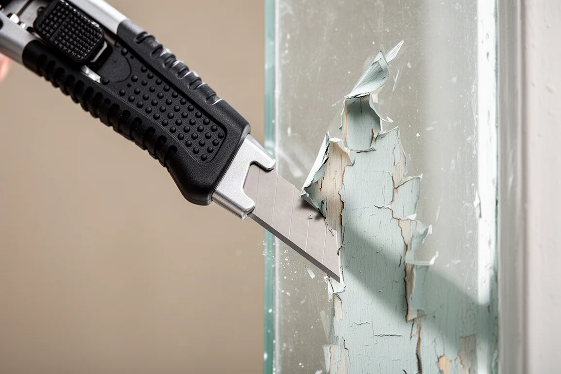 Hoja de cúter de utilidad girada en modo raspador contra un borde de vidrio pintado