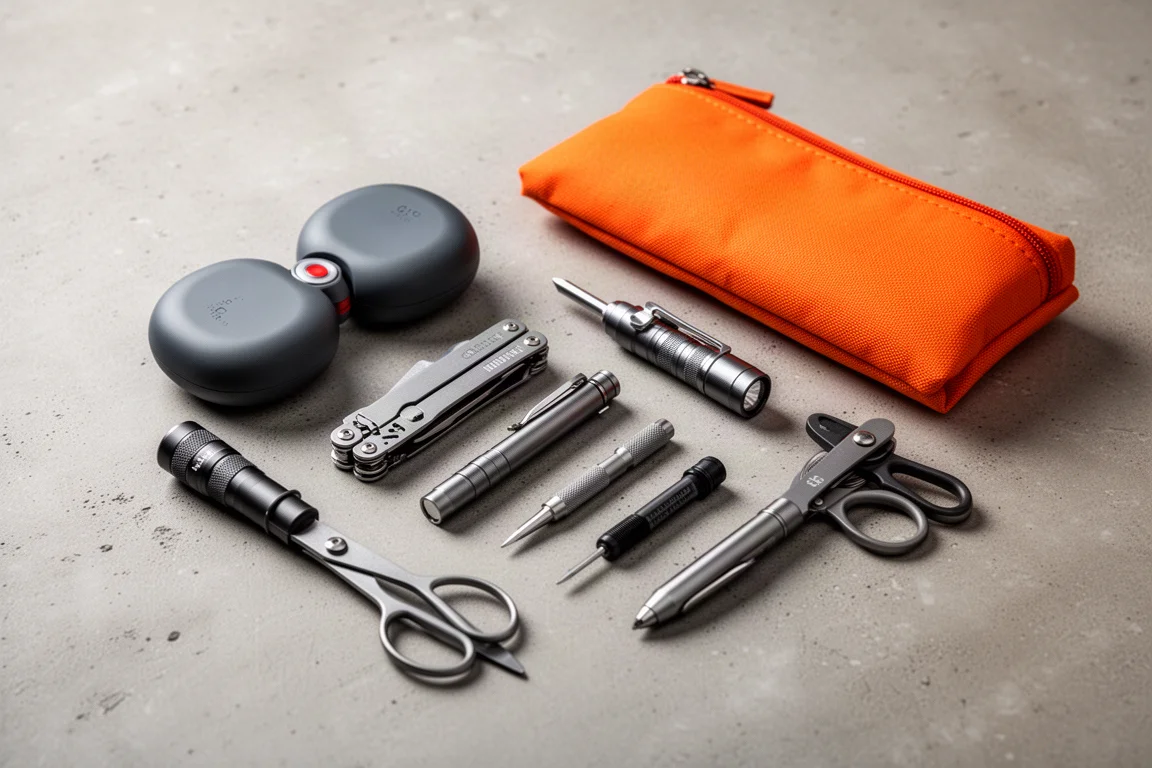A flat-lay of compact everyday carry gear including hand warmers, a multitool, a pen, flashlights, and an orange pouch on concrete