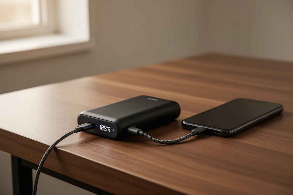 Un power bank compacto cargando un smartphone sobre un escritorio de madera