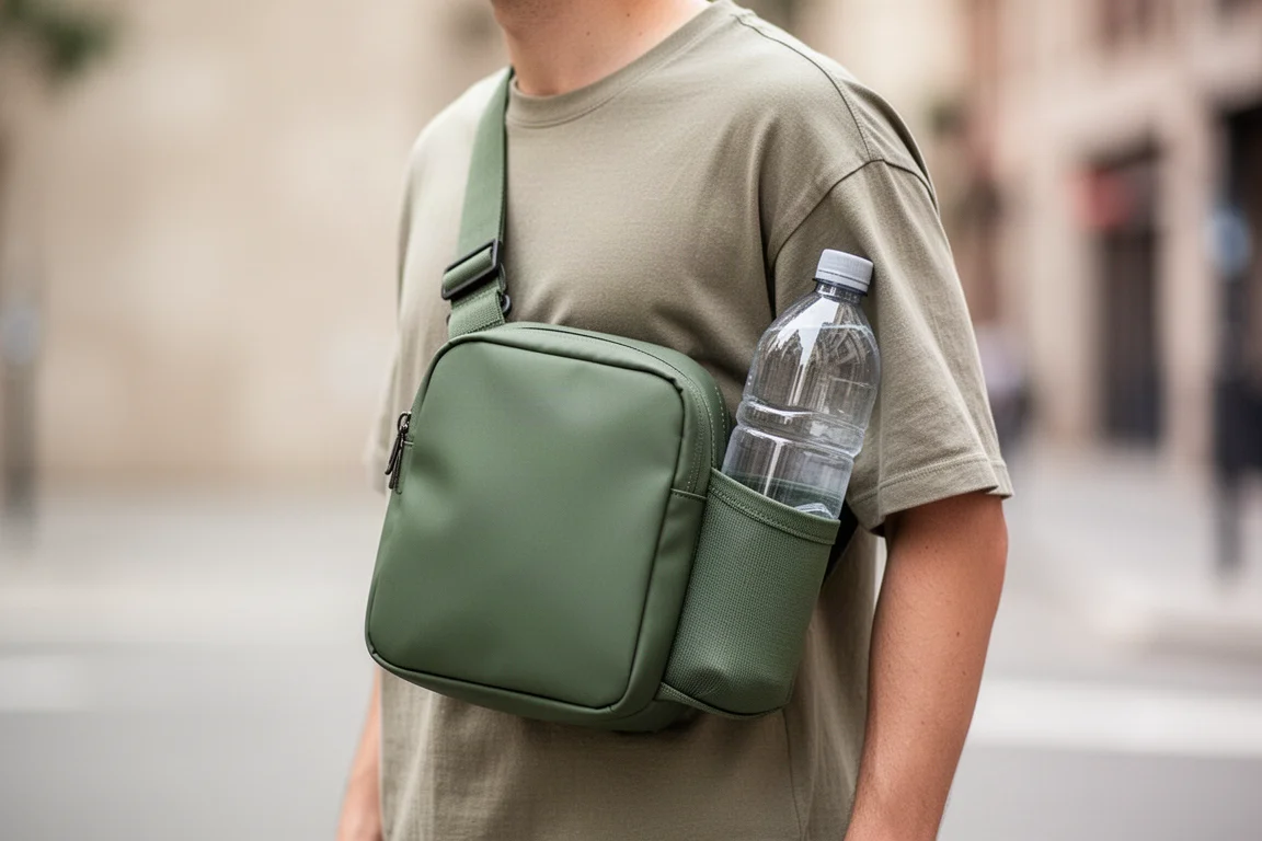 Una bolsa bandolera cruzada sobre el cuerpo con una botella de agua en el portador lateral