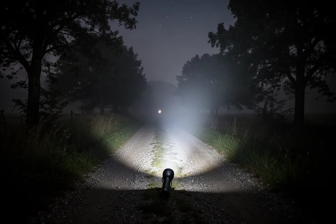 El haz de una linterna atravesando la oscuridad por un sendero rural de noche