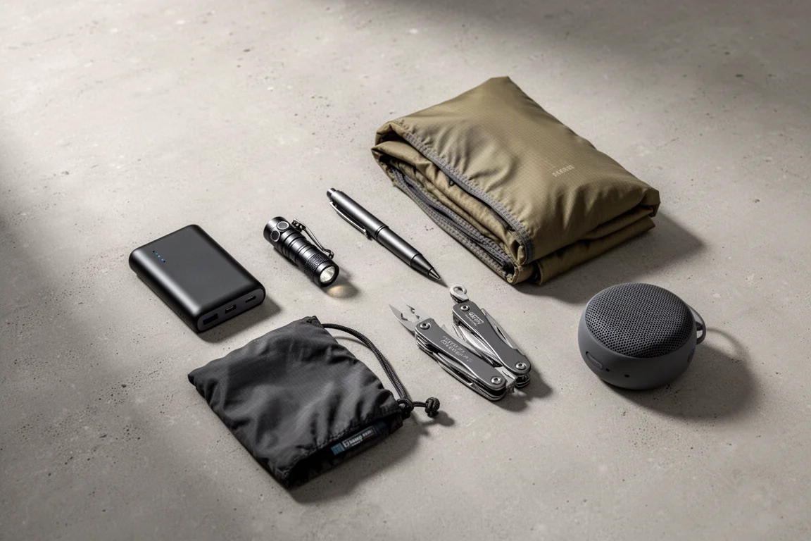 Flat-lay di attrezzatura EDC economica comprendente power bank, torcia, penna, borsa impacchettabile, multi-tool e speaker su cemento