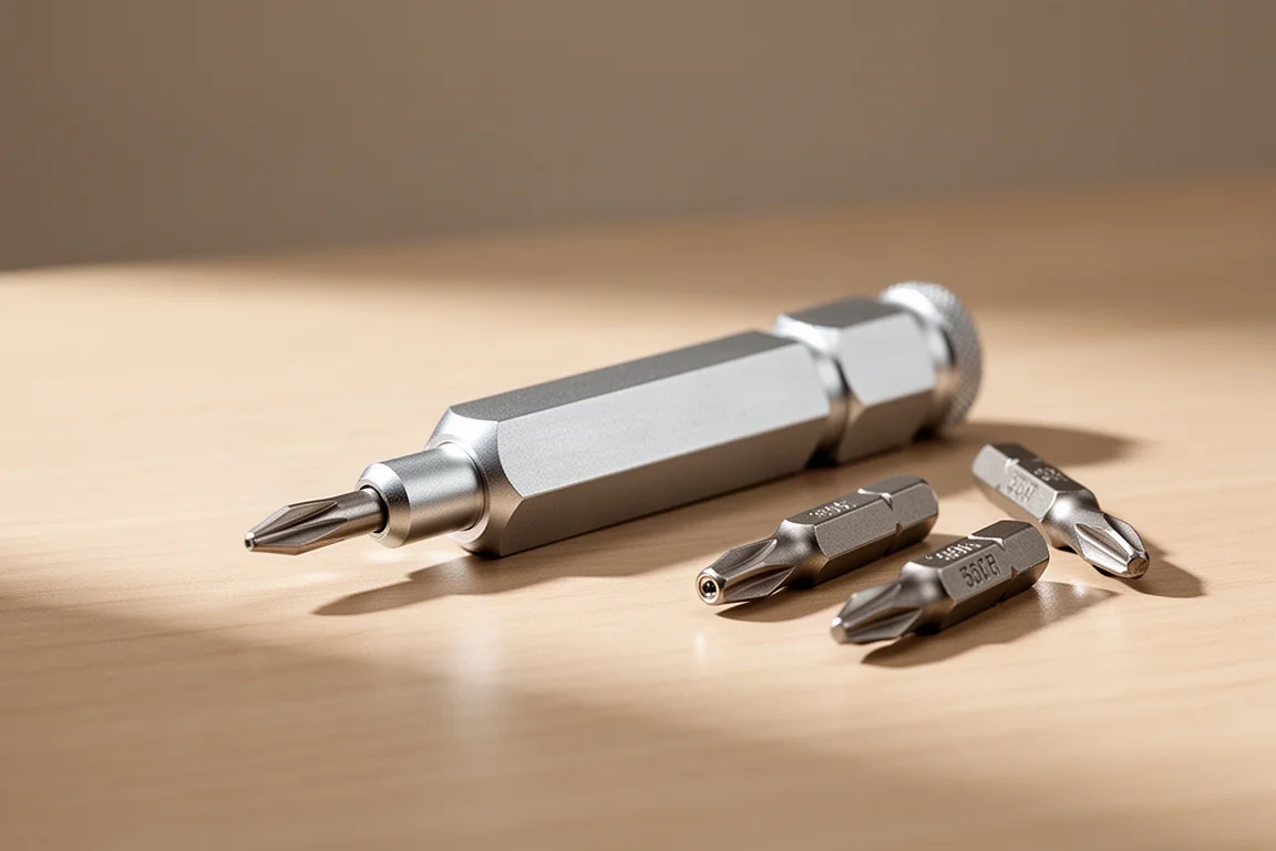 Compact precision screwdriver resting on a desk next to scattered small screwdriver bits