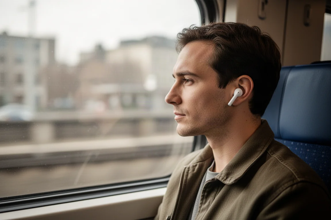 Commuter wearing wireless earbuds on a train with soft window light