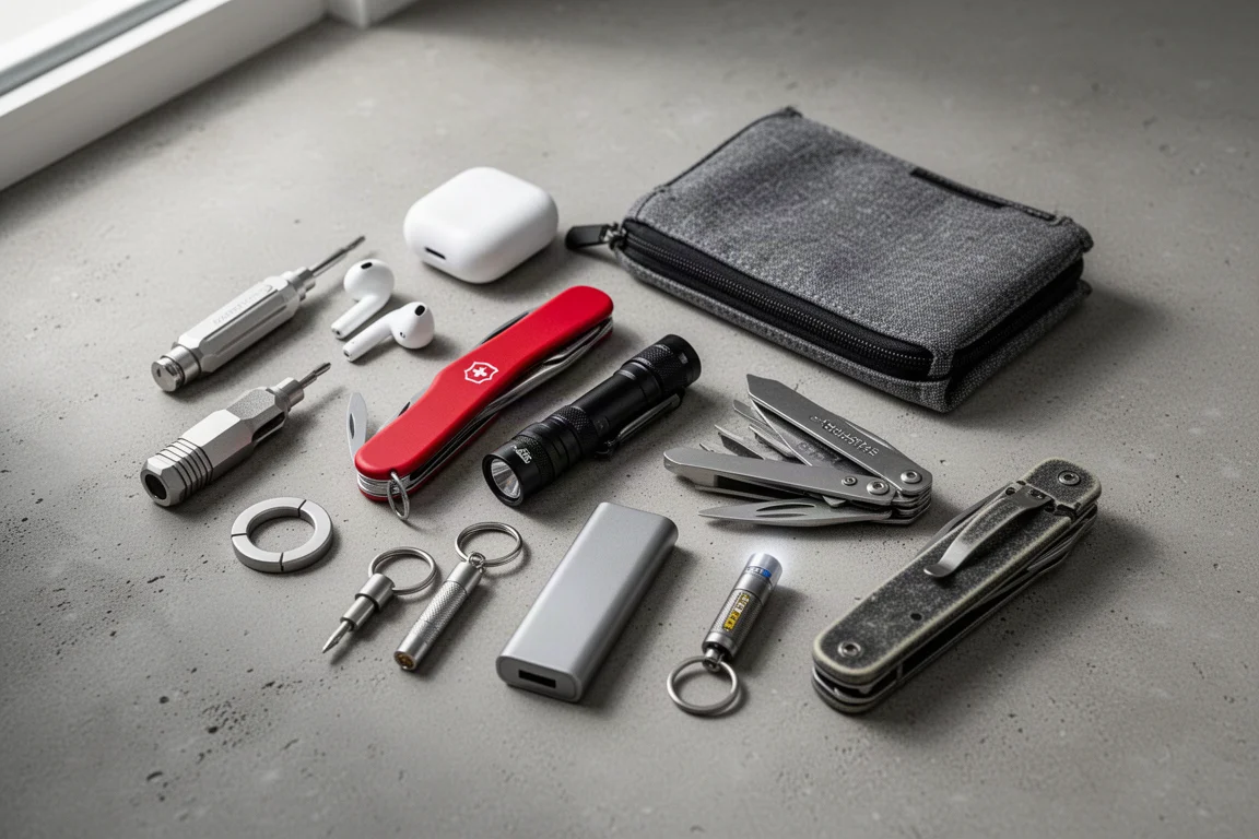 Flat-lay of ten budget everyday carry items arranged on a concrete surface