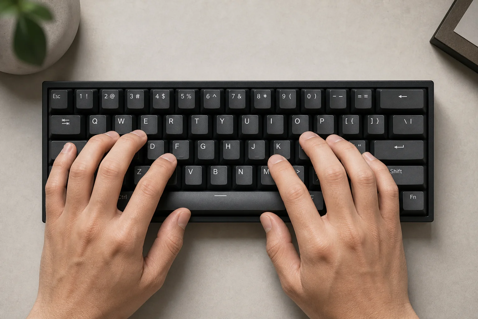 Mains d'un joueur positionnées sur un clavier compact pendant une partie