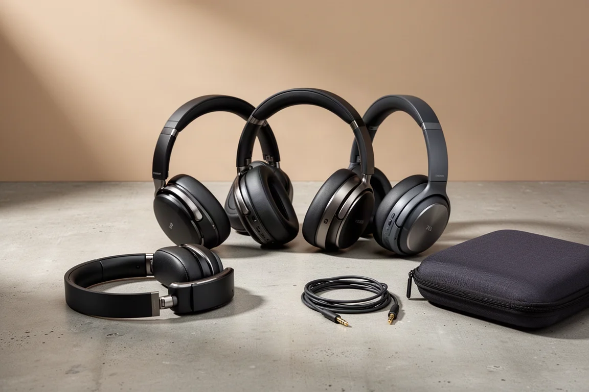 Five closed-back over-ear headphones arranged on a matte concrete surface with cables