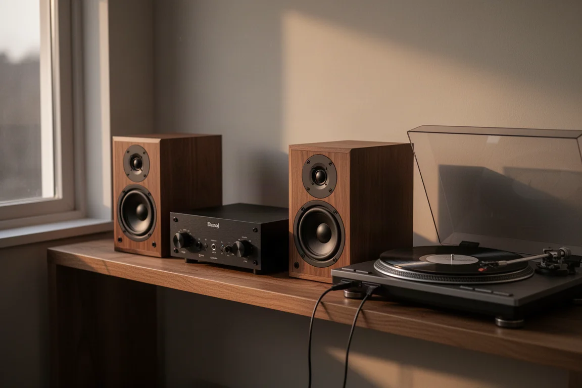 Compact desktop hi-fi system with amplifier, bookshelf speakers, turntable, and laptop on a wooden shelf