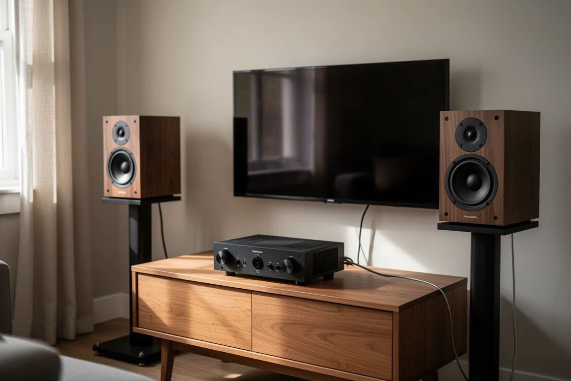 Small living room setup with compact amplifier, bookshelf speakers on stands, and an optical cable