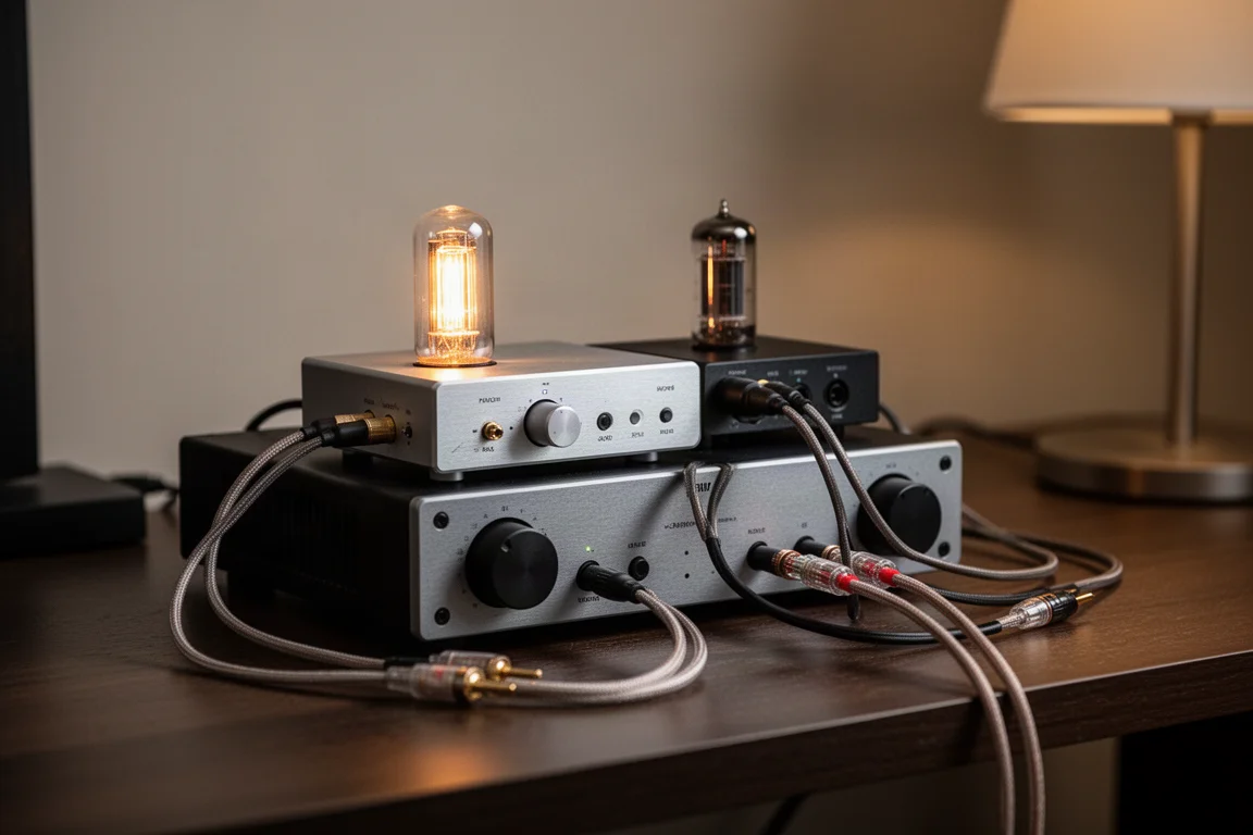 Desktop audio stack with a glowing tube DAC sitting on a compact power amplifier on a dark desk